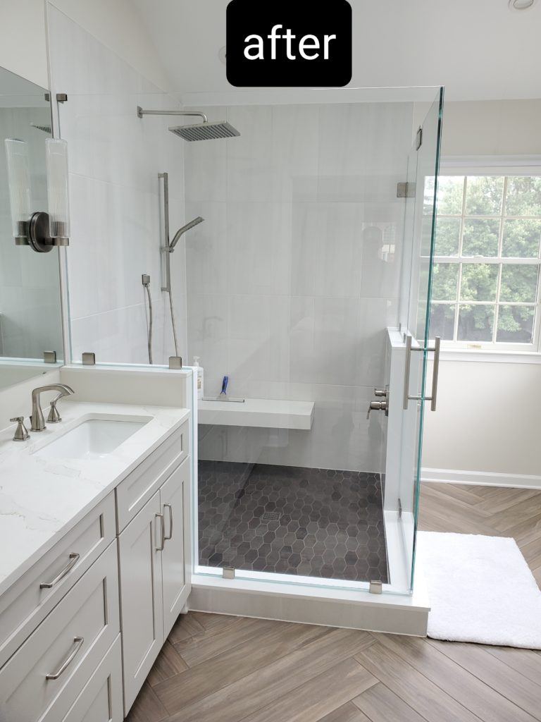 Redesigned bathroom with spacious walk-in shower