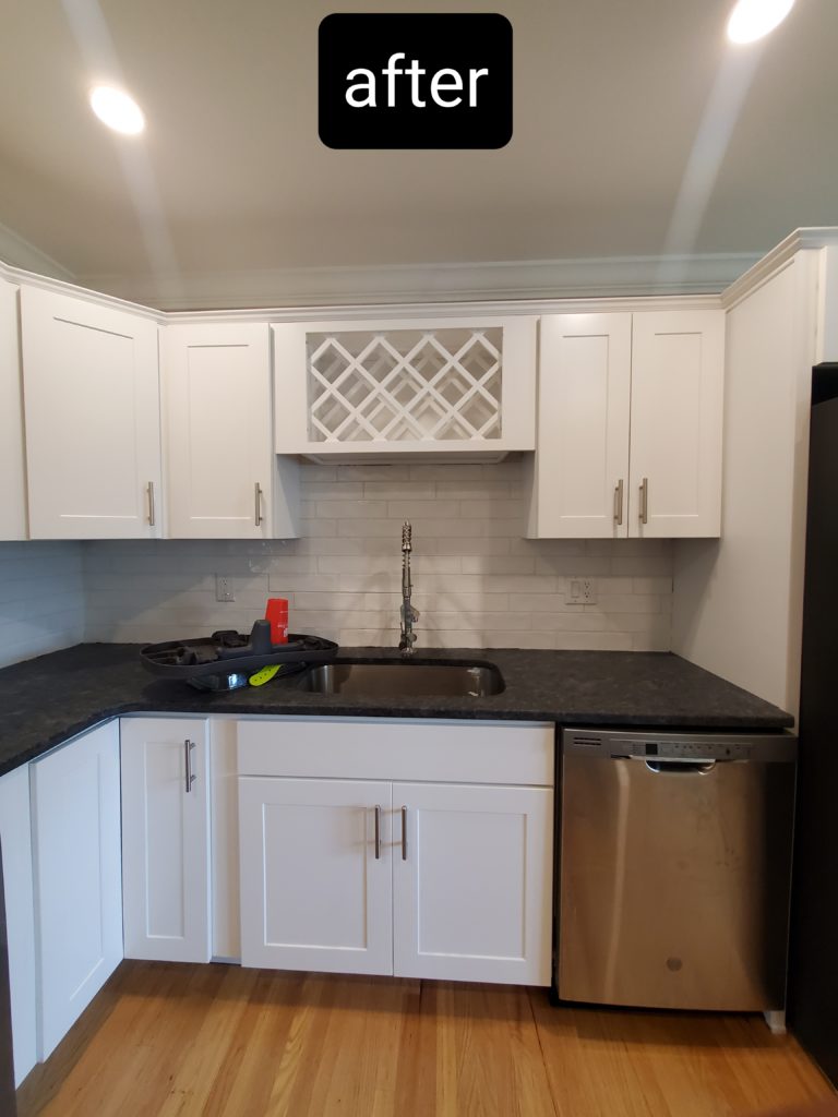 Redesigned kitchen with new cabinets and countertops